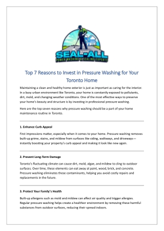 Top 7 Reasons to Invest in Pressure Washing for Your Toronto Home
