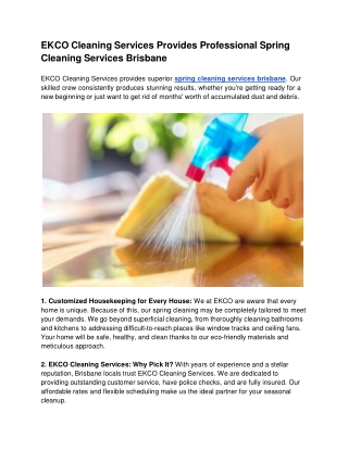 EKCO Cleaning Services Provides Professional Spring Cleaning Services Brisbane