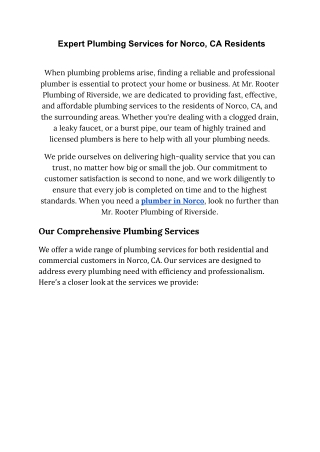 Top-Rated Plumbers Near Norco, CA – Mr. Rooter Plumbing
