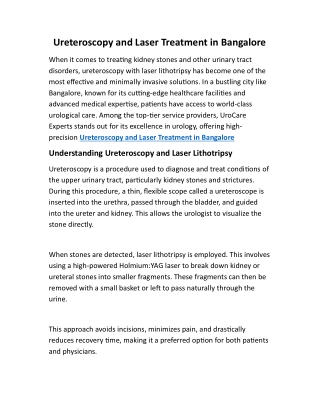 Ureteroscopy and Laser Treatment in Bangalore