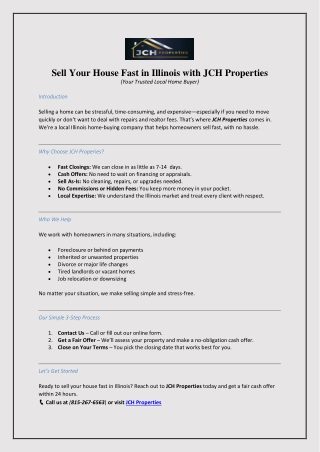 Sell Your House Fast in Illinois with JCH Properties