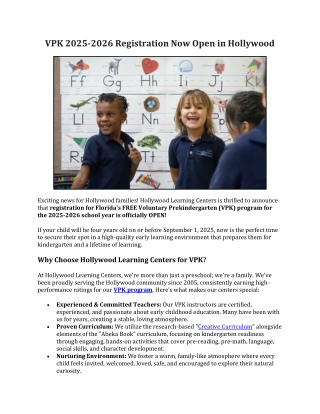 VPK 2025-2026 Registration Now Open in Hollywood