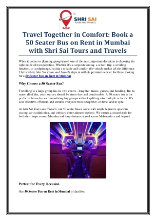 Book a 50 Seater Bus on Rent in Mumbai with Shri Sai Tours