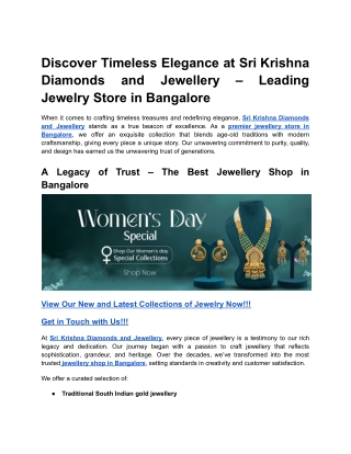 Discover Timeless Elegance at Sri Krishna Diamonds and Jewellery – Leading Jewelry Store in Bangalore