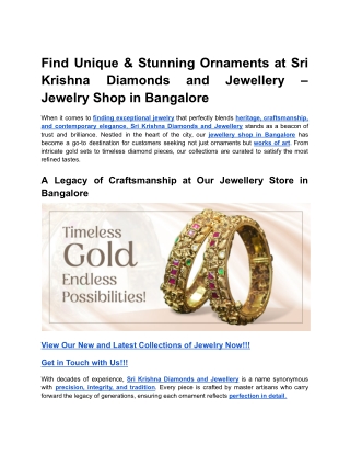 Find Unique & Stunning Ornaments at Sri Krishna Diamonds and Jewellery – Jewelry Shop in Bangalore