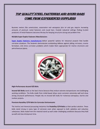 Top Quality Steel Fasteners and Round Bars Come from Experienced Suppliers