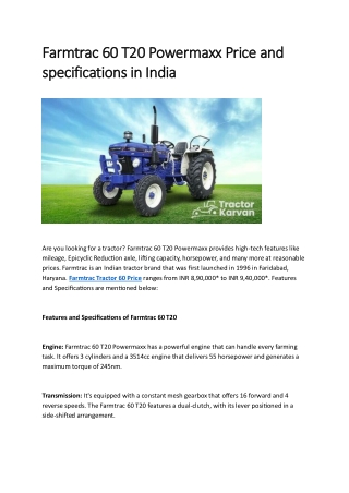 Farmtrac 60 T20 Powermaxx Price and specifications in India  Are you looking for