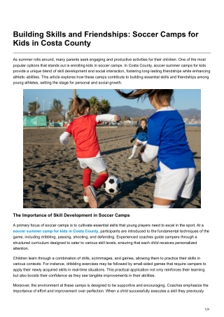 Building Skills and Friendships Soccer Camps for Kids in Costa County