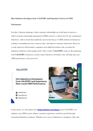 Hire Salesforce Developers from VALiNTRY and Experience Next-Level CRM Performance