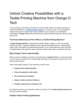 Unlock Creative Possibilities with a Textile Printing Machine from Orange O Tech