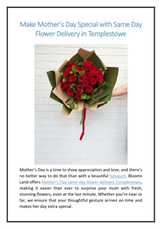 Make Mother’s Day Special with Same Day Flower Delivery in Templestowe