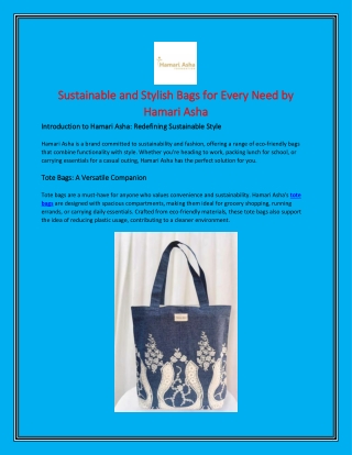 Sustainable and Stylish Bags for Every Need by Hamari Asha