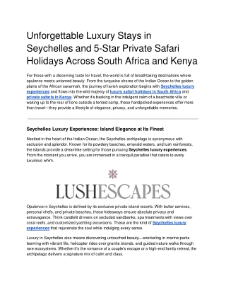 Unforgettable Luxury Stays in Seychelles and 5-Star Private Safari Holidays Across South Africa and Kenya