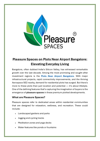 Pleasure Spaces on Plots Near Airport Bangalore Elevating Everyday Living