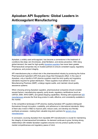 Apixaban API Suppliers_ Global Leaders in Anticoagulant Manufacturing