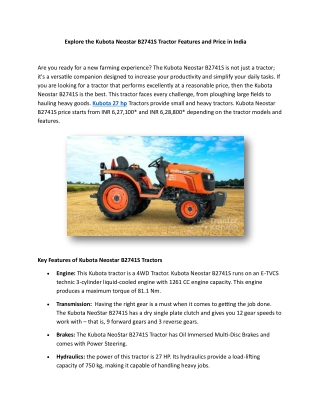 Explore the Kubota Neostar B2741S Tractor Features and Price in India