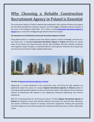Why Choosing a Reliable Construction Recruitment Agency in Poland is Essential