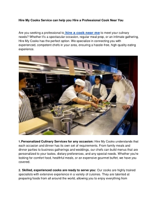Hire My Cooks Service can help you Hire a Professional Cook Near You