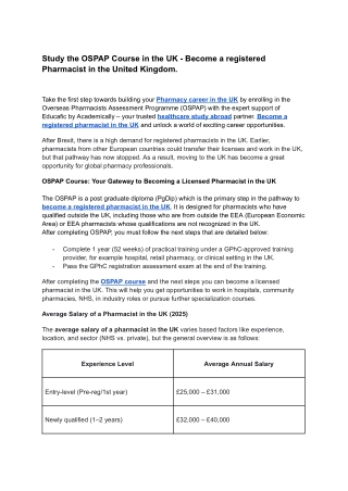 Study the OSPAP Course in the UK - Become a registered Pharmacist in the United