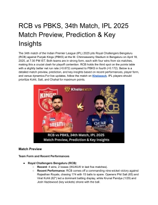 rcb vs pbks 34th match ipl 2025 match preview