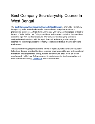 Best Company Secretaryship Course In West Bengal