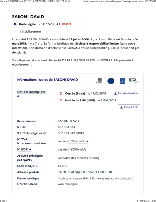 4 - Société SARONI DAVID à 35520 LA MEZIERE - SIREN 507 523 843 _ L’Annuaire des Entreprises