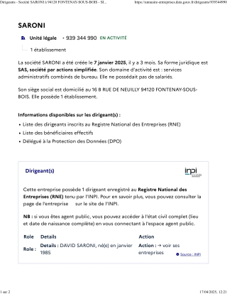 5 - Dirigeants - Société SARONI à 94120 FONTENAY-SOUS-BOIS - SIREN 939 344 990 _ L’Annuaire des Entreprises_david saroni