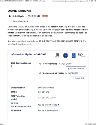 7 - Société DAVID SARONIS à 35000 RENNES - SIREN 331 291 542 _ L’Annuaire des Entreprises