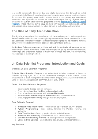 Jr. Data Scientist Programs and International Young Coders Program - Building the Next Generation of Tech Leaders