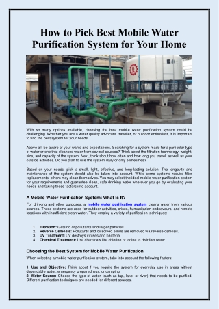 How to Pick Best Mobile Water Purification System for Your Home