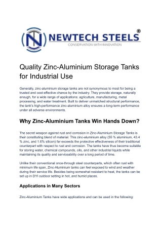 Quality Zinc-Aluminium Storage Tanks for Industrial Use