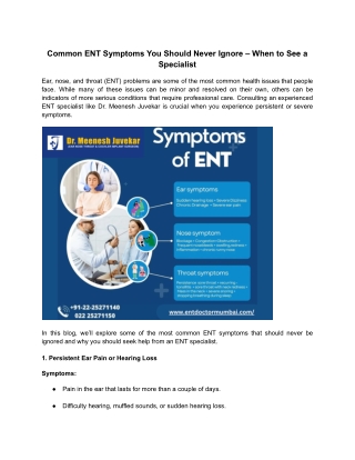 Common ENT Symptoms You Should Never Ignore – When to See a Specialist