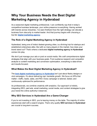 Why Your Business Needs the Best Digital Marketing Agency in Hyderabad