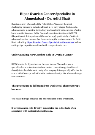 Hipec Ovarian Cancer Specialist in Ahmedabad | Dr. Aditi Bhatt