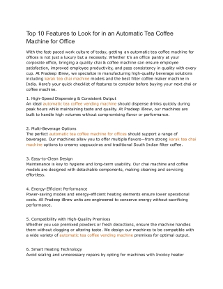 Top 10 Features to Look for in an Automatic Tea Coffee Machine for Office