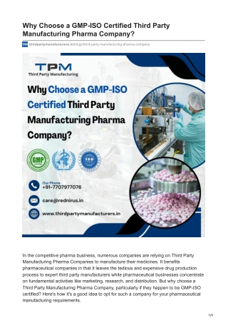 Why Choose a GMP-ISO Certified Third Party Manufacturing Pharma Company