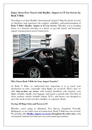BookNRide Bradley Airport to CT Car Service