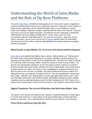 Understanding the World of Satta Matka and the Role of Dp Boss Platforms