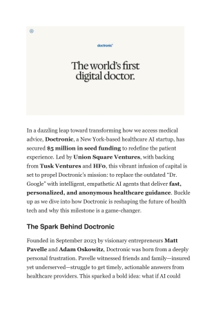 Doctronic's 5M Seed Funding Pioneering AI-Powered Healthcare Solutions