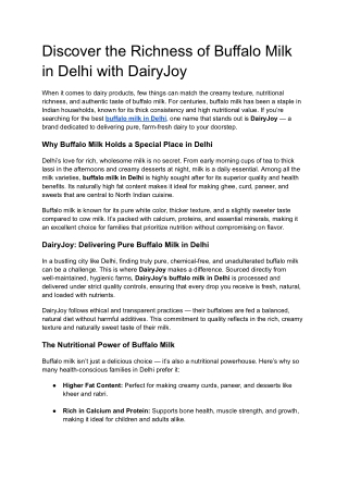 Discover the Richness of Buffalo Milk in Delhi with DairyJoy