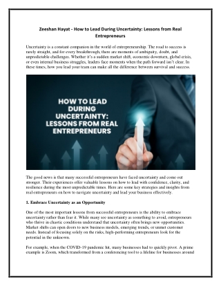 Zeeshan Hayat - How to Lead During Uncertainty - Lessons from Real Entrepreneurs