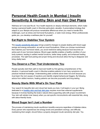Health Coach in Mumbai For Insulin, Healthy Skin and Hair Diet Plans