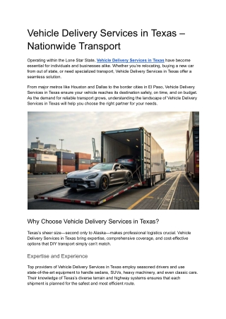 Vehicle Delivery Services in Texas – Nationwide Transport