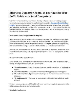 Effortless Dumpster Rental in Los Angeles: Your Go-To Guide with Socal Dumpsters