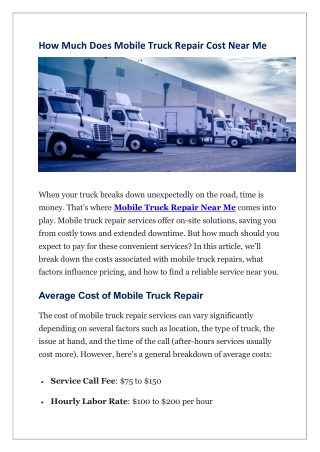 How Much Does Mobile Truck Repair Cost Near Me