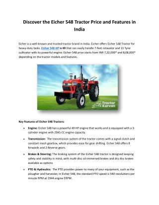 Discover the Eicher 548 Tractor Price and Features in India