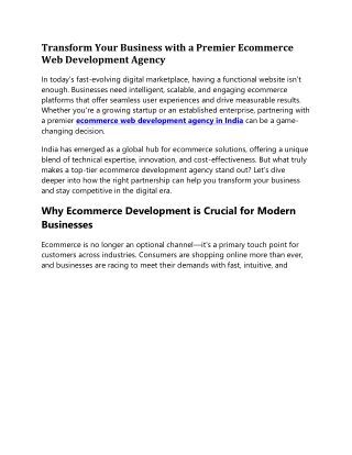 Transform Your Business with a Premier Ecommerce Web Development Agency