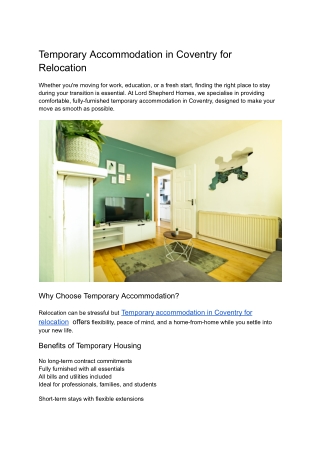 Temporary Accommodation in Coventry for Relocation