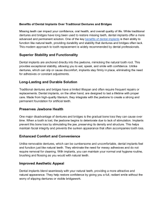 Benefits of Dental Implants Over Traditional Dentures and Bridges