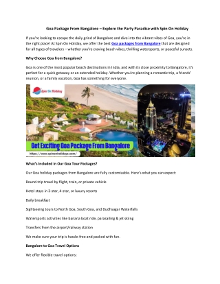 Goa Package From Bangalore – Explore the Party Paradise with Spin On Holiday